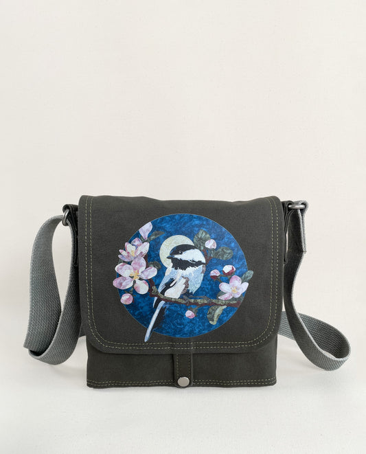 Mini-Messenger Bag: Chickadee with Crab Apple Blossoms